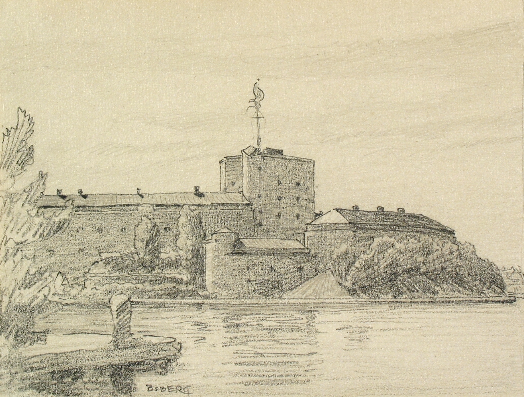 Vaxholm, fästningen. Teckning av Ferdinand Boberg. Nordiska Museet
